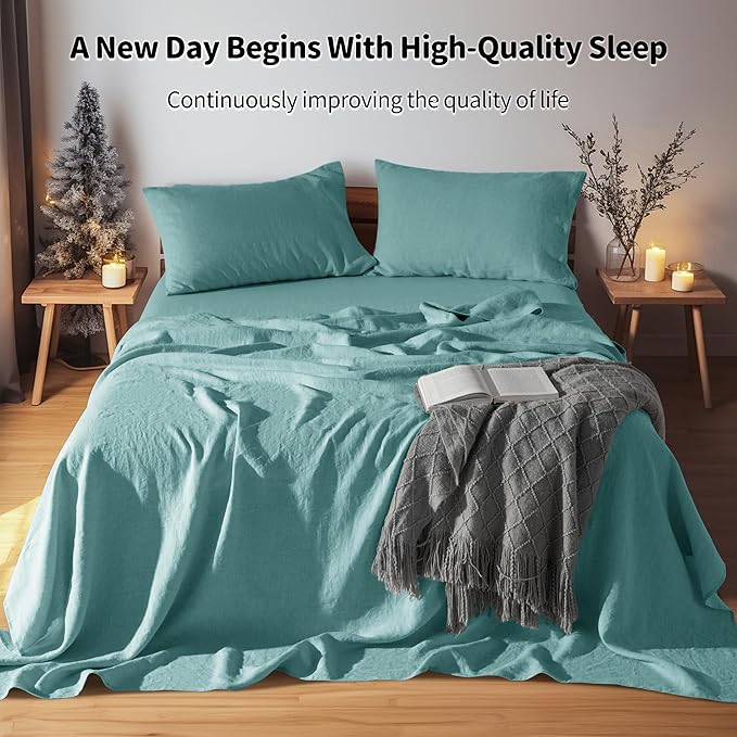 LBRO2M 100% Linen Sheet Set Queen Size,Bed Sheets 4 Piece Sets,Solid Color Natural Flax Bed Sheets Soft Breathable Bedding,16" Deep Pocket,All Season (Queen, Aqua)