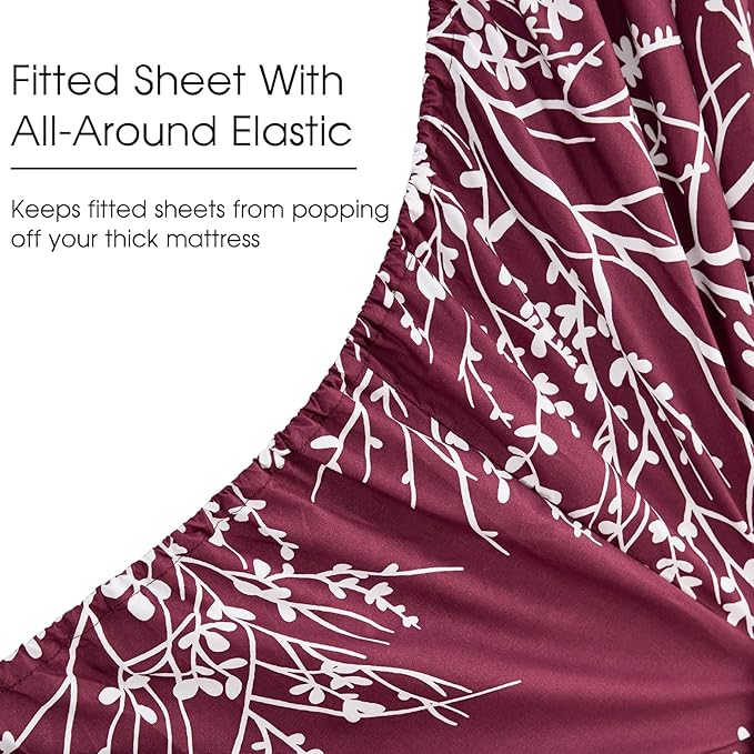 Spirit Linen home Twin Sheets Sets - Pure Microfiber 3 Piece Polyester Bed Sheets, Fitted Sheet & Pillow Cases - Twin Sheets for All Seasons (Foliage Burgundy/White, Twin/Twin XL)