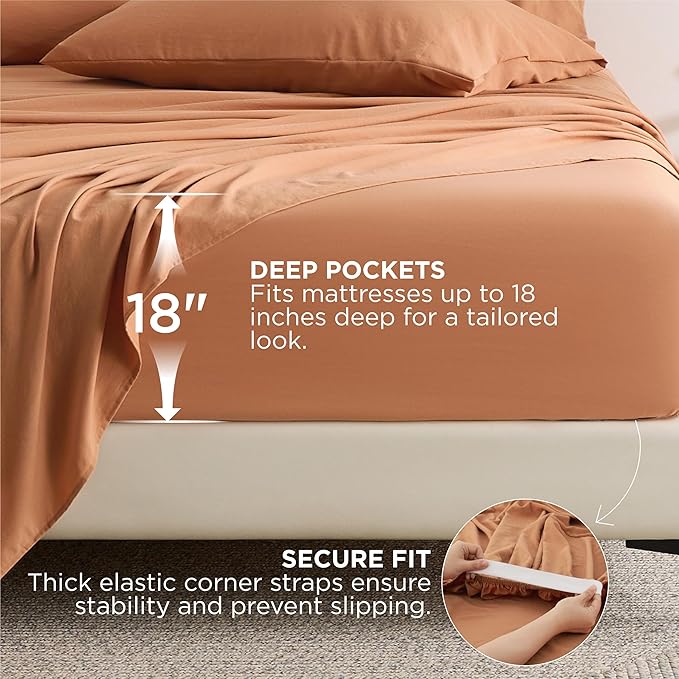 Bedsure Deep Pocket Queen Sheets - 6 Piece, Prewashed Ultra-Soft Queen Sheet Set, Fits Mattresses Up to 18 Inches Thick, Breathable & Secure Fit, Hotel Luxury Bedding, Burnt Orange