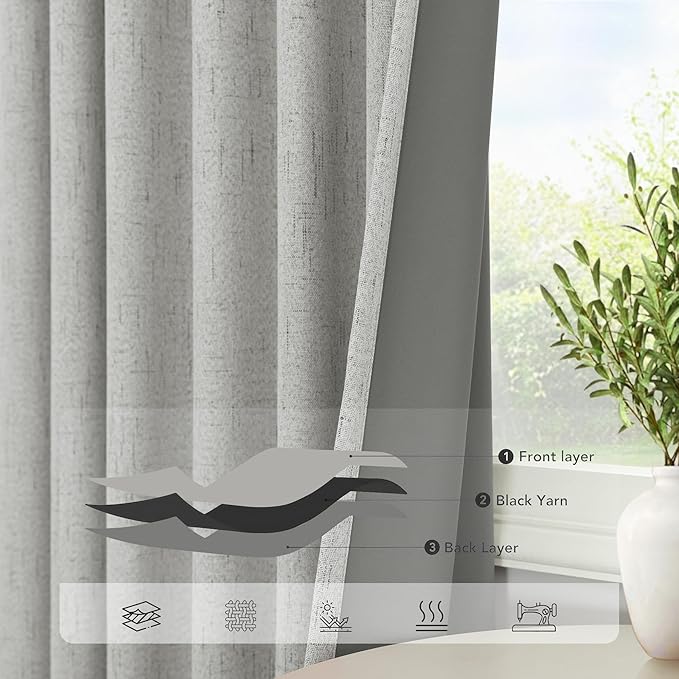 102 Inch Long Curtains Blackout Linen Cotton Textured Black Out Curtains Energy Saving Curtain for Kids Bedroom Living Room Farmhouse Boho Rustic Drapes 102 Length 2 Panel Sets Light Grey Pale Gray