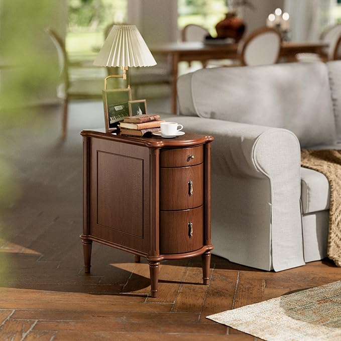 STO'SENSE Nightstand Set of 2 w/Charging Station & 3 Drawers, Pre-Assembled, Vintage Side Table w/Antique-Finished Pulls, Rustic Wood Finish, Narrow End Table w/Turned Legs for Bedroom, Brown