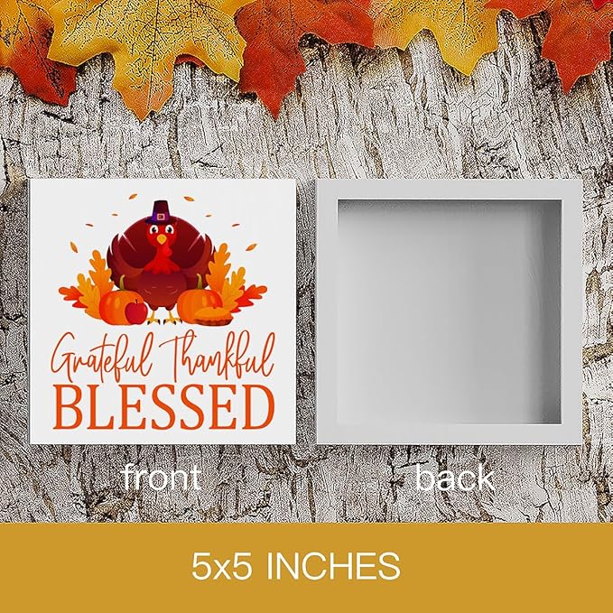 HTBIG Thanksgiving Blessed Grateful Thankful Fall Decor Wooden Turkey Wooden Box Signs for Home Fall ation Thanksgiving Room Indoor Desktop Decor 5 x 5 Inch
