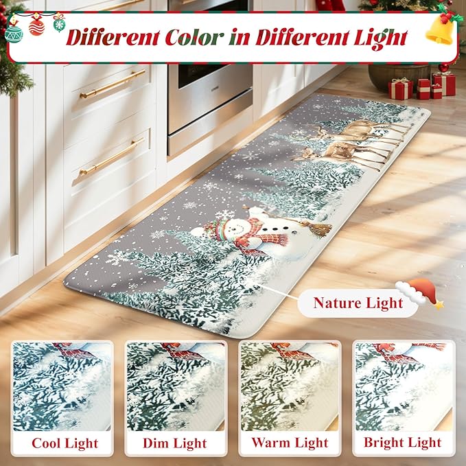 Collive Christmas Snowman Kitchen Mats, Cushioned Anti Fatigue Winter Xmas Tree Kitchen Rugs Sets of 2 Waterproof Elk Sink Mat, Non Slip Comfort Standing Floor Rug for Desk Home Decorations, Grey