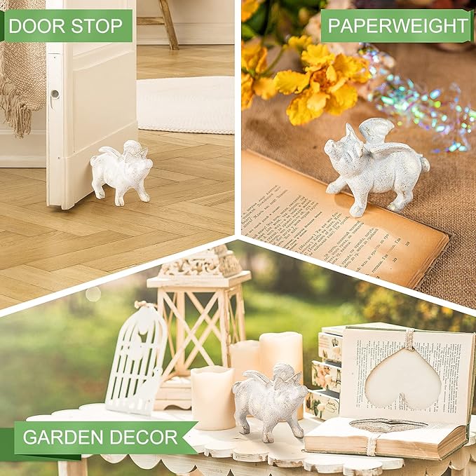 Sungmor 2PC Small Hog Heaven Flying Pig Statues, Cast Iron Animal Angel Figurine, Garden Patio Yard Outdoor Decorative Statues, Home Office Store Desktop Paperweight, Indoor Shelf Display Ornaments