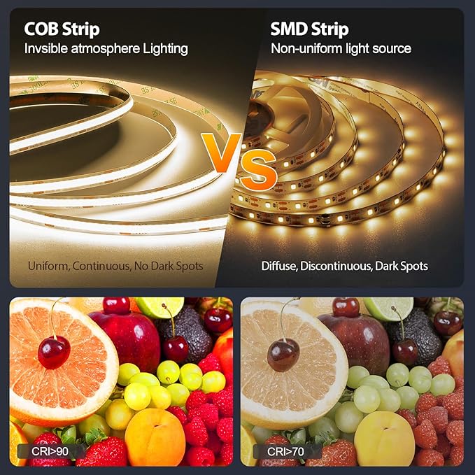 COB LED Strip Light White, Dimmable 2700K-6500K High Density 6080LEDs 24V Flexible LED Tape Light with Remote and APP Control, for Under Cabinet Bedroom Kitchen DIY Lighting,1 Rolls of 32.8ft