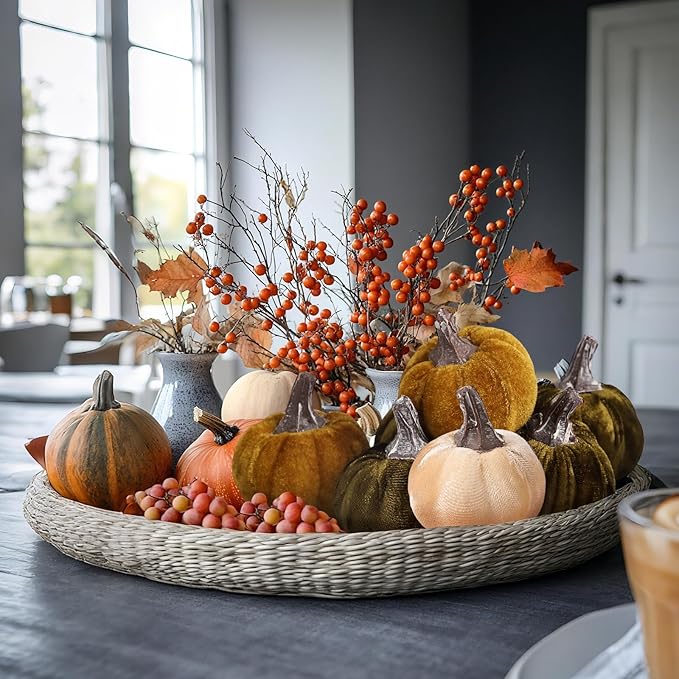 12pcs Velvet Fake Pumpkins Fall Decor Faux Small Foam Fabric Pumpkin for Autumn Table Centerpiece Party Farmhouse Harvest Thanksgiving (Cream/Lime Green/Forest Green)