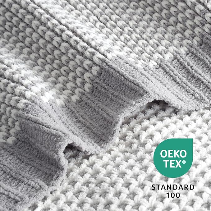 Amélie Home Honeycomb Knit Throw Blanket for Couch, Dual-Sided Soft Chenille Decorative Blankets for Sofa & Chair, 50"x60", Gray & White