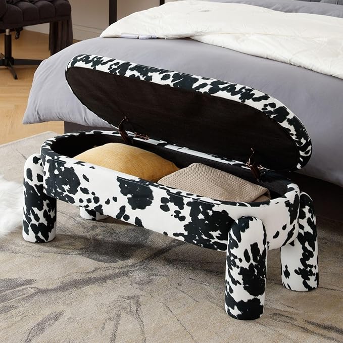 DUOMAY Modern Storage Ottoman Bench, Velvet Upholstered Storage Bench End of Bed Stool for Bedroom Living Room Entryway, 44.75" Width, Milk Cow/Black
