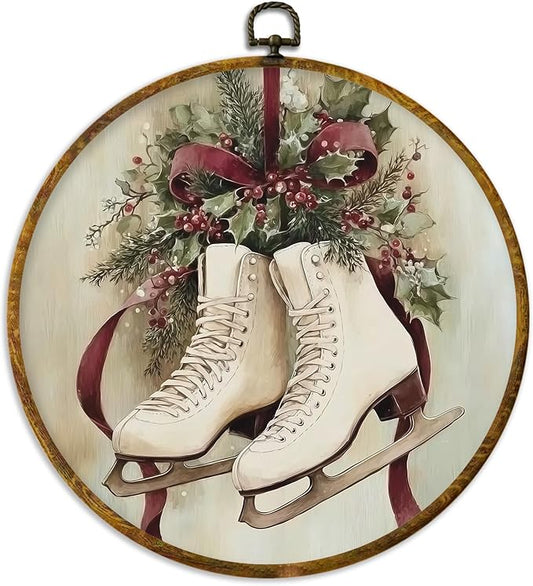 XPH Vintage Christmas Ice Skates Round Wall Art Framed, Christmas Skating Circle Wall Decor, Rustic Xmas Cozy Winter Holiday Hanging Canvas Prints for Home Bedroom Living Room Decoration, 10x10 Inch