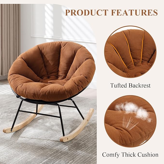 NIOIIKIT Nursery Saucer Rocking Chair, Corduroy Upholstered Round Glider Chair, Nursing Chair with Comfy Cushion, Tufted Papasan Chair, Cozy Reading Chair for Living Room, Bedroom (Brown)