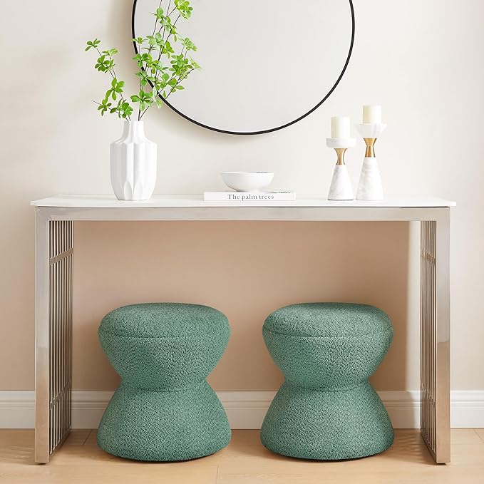 Multi-Functional Boucle Ottoman, Vanity Stool Chair, Sturdy Wooden Footstool, Suitable for Living Room, Bedroom, and Entryway, Without Installation, Green