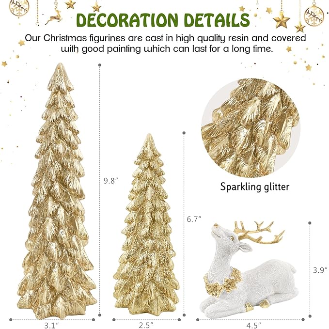 3 Pack Christmas Trees and Reindeer Figurines Decoration- 2 Glittered Christmas Tree Statues and 1 Deer Vintage Christmas Decor Set, Resin Ornaments Tabletop Shelf Office Display Stand Indoor(Gold)
