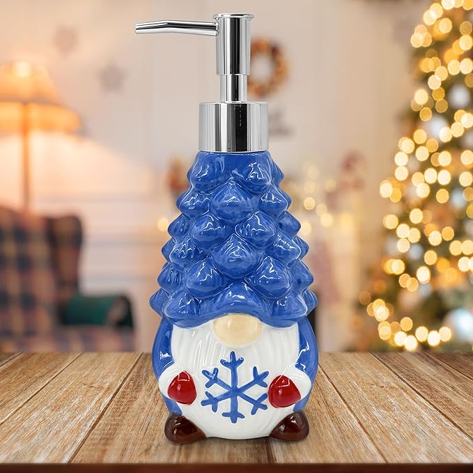 Hexagram Christmas Soap Dispenser, Christmas Kitchen Bathroom Decor, Xmas Blue Gnome Ceramic Soap Dispenser for Home Indoor Decorations, Xmas Refillable Lotion Essential Oil Dispensers with Pump
