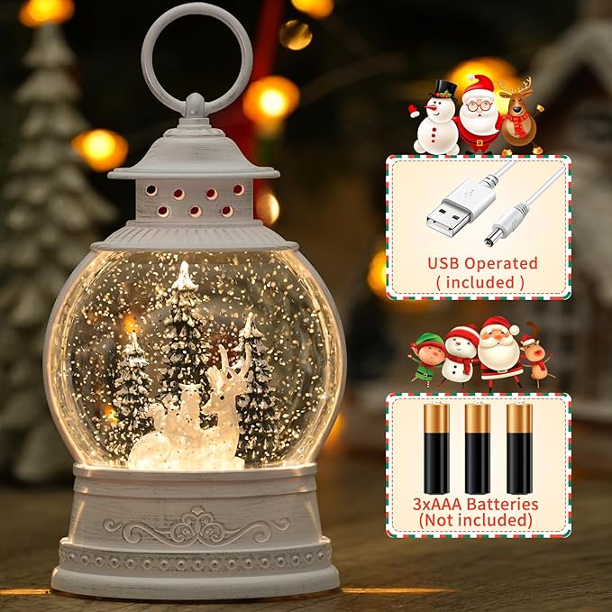 Christmas Deer Snow Globe, Musical Snow Globe Lantern with Swirling Glitter, Christmas Tree Reindeer Squirrels Owls USB & Battery Operated Light-Up Christmas Decorations Indoor for Home