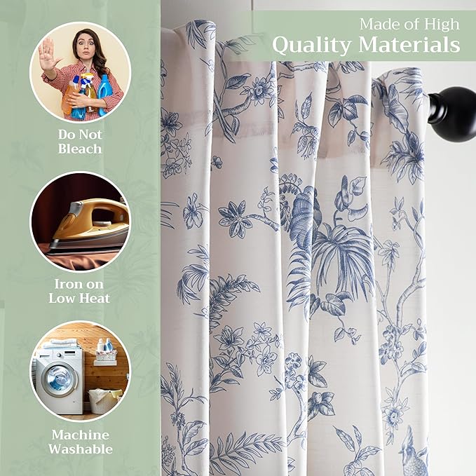 Maison d' Hermine Curtains for Living Room 100% Cotton 96 inch Length One Panel Light Filtering Toile Curtains for Bedroom Windows with Rod and Loop Pockets Drapes (Jouy Paradise Blue, 50" W x 96" L)