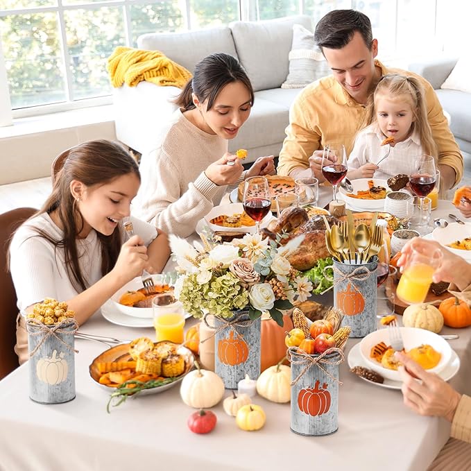 Domensi 12 Pcs Fall Table Centerpiece Pumpkin Vases Thanksgiving Decor Galvanized Metal Vases for Flowers Farmhouse Mason Jars Utensil Holder for Fall Home Thanksgiving Autumn Harvest Decorations