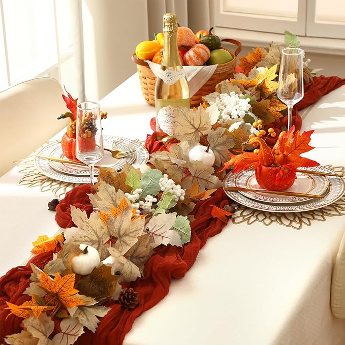 4 Pcs Fall Garland Fall Decor 9ft Autumn Maple Leaves Pumpkin Berry Garland Thanksgiving Halloween Mantle Fireplace Farmhouse Harvest Decorations for Home Mantle Fireplace Porch Table