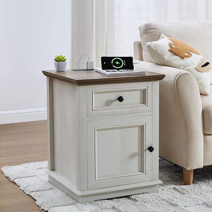 End Table with Charging Station, Fast Charge, End Table with Drawer, Big Storage Side Table for Living Room/Bedroom, White