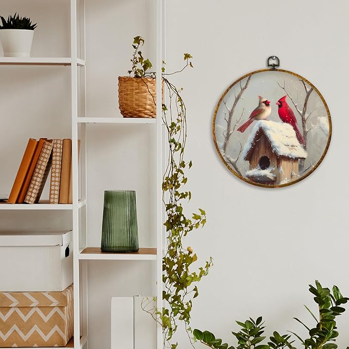XPH Rustic Winter Cardinal Bird Round Wall Art Framed, Farmhouse Red Cardinal Circle Wall Decor, Cozy Winter Bird Hanging Canvas Prints for Home Bedroom Living Room Decoration, 10x10 Inch