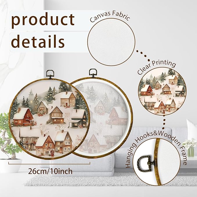 XPH Vintage Christmas Winter Village Round Wall Art Framed, Rustic Winter Snowy Circle Wall Decor, Cozy Christmas Landscape Hanging Canvas Prints for Home Bedroom Living Room Decoration, 10x10 Inch