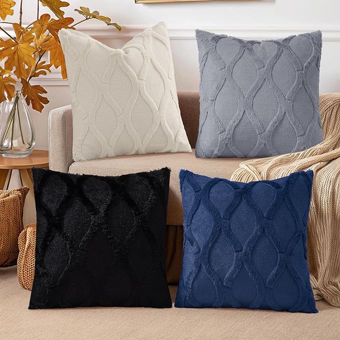 decorUhome Set of 4 Throw Pillow Covers 16x16 Inch, Neutral Decorative Soft Plush Faux Wool Couch Pillow Covers, Farmhouse Pillow Cases for Living Room Bed Sofa (Blue/Grey)