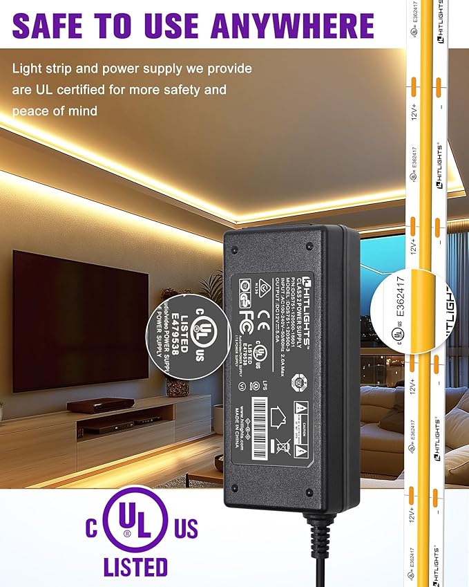 HitLights COB LED Strip Lights Kit Warm White 3000K, Dimmable Tape Light with Remote 12V Power Supply, 2640 LEDs, 426 lm/ft, CRI 90+, UL Listed, Premium Lighting for Kitchen Cabinets Bedroom,16.4ft