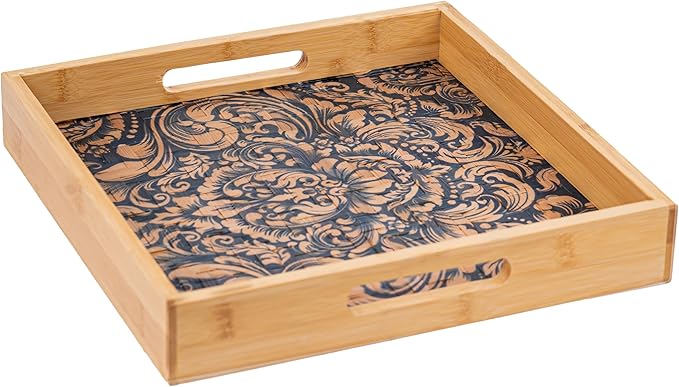 PEMAR 12.2" Square Bamboo Art Decor Tray with Handle, Food Drink Serving Tray for Breakfast Lap Bed Eating. Pattern Printed on Bamboo. Decorative Catchall Coffee Table Entryway Nightstand (Damask)