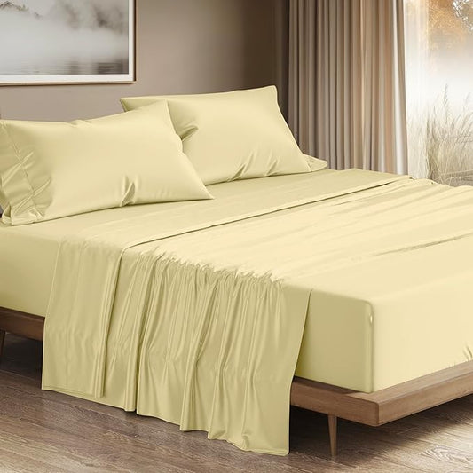 THREAD SPREAD 100% Egyptian Cotton King Size Sheets Set - Luxury 1200 Thread Count Egyptian Cotton Sheets King Size, 17" Deep Pocket, Soft, Cooling Sateen Weave Hotel Quality Bedding Set - Beige