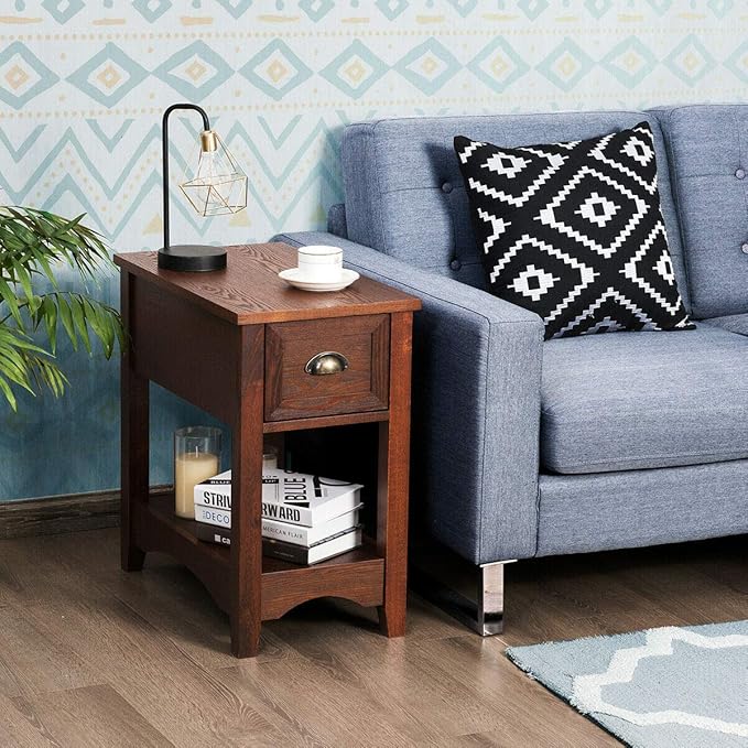 Giantex End Table with Drawer Set of 2, Retro Narrow Side Table, Nightstand with Solid Wood & Storage Shelf, Bedside Table for Living Room Bedroom Small Space Home Office (2, Walnut)