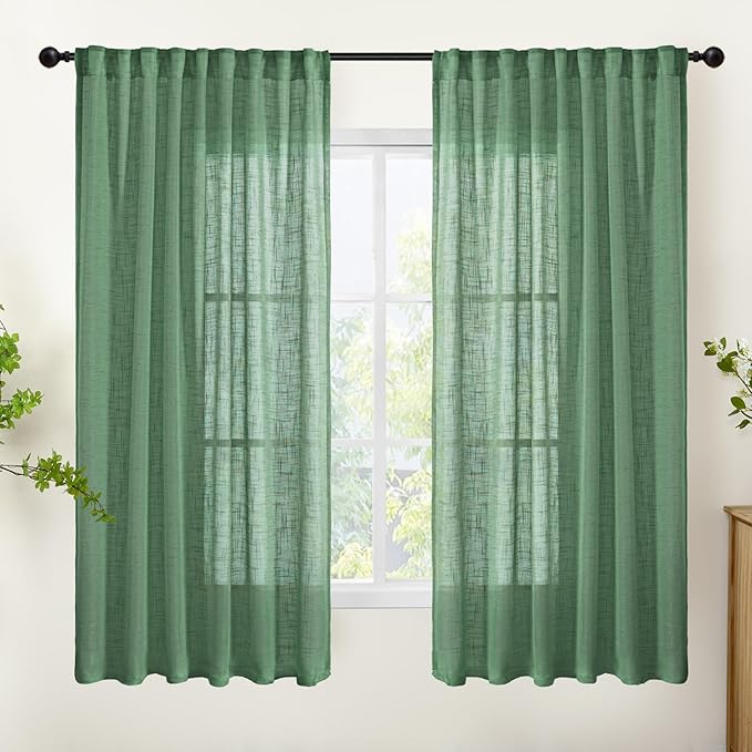 YoungsTex Green Linen Semi Sheer Curtains 63 Inch Length for Living Room 2 Panels, Light Filtering Window Drapes Rustic Textured with Rod Pocket Back Tab for Bedroom, 52 X 63 Inch