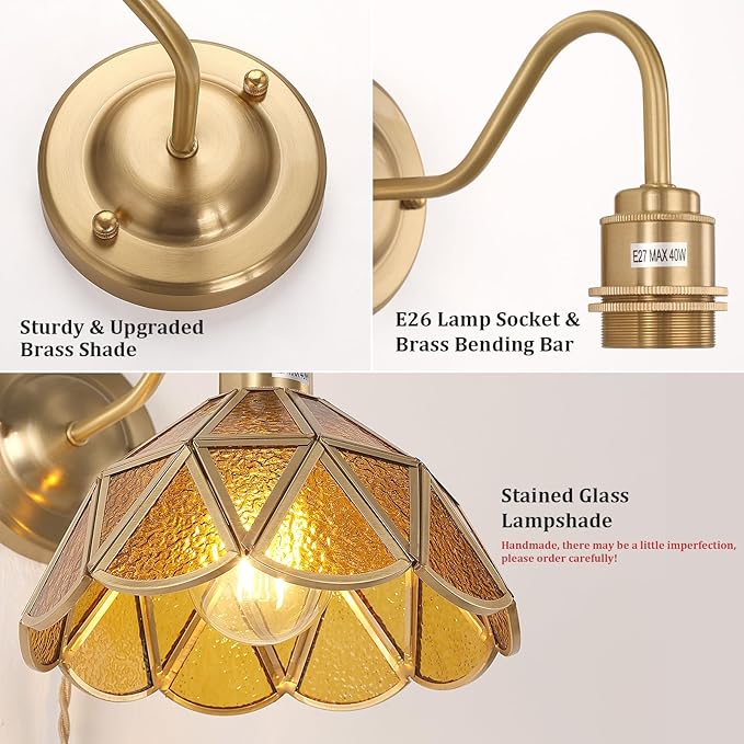 Plug in Wall Sconces Set of 2, Vintage Wall Lamps with Coffee Stone Triangle Checker Glass Shade, Gold Lights Fixture Decor for Bedroom Bathroom Living Room Hallway