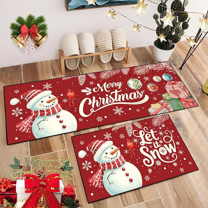 Christmas Snowman Kitchen Rugs Non-Slip Holiday Floor Mats 2 Piece Set Vintage Decor Soft Absorbent for Sink Front 17x30 and 17x47 Inches