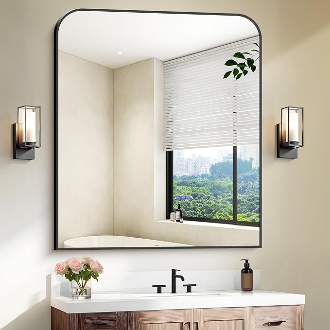 Bathroom Mirror, 36x40 inch Large Black Rectangle Wall Mounted Mirror with Thin Frame, Bathroom Vanity Mirrors for Over Sink, Entryway, Living Room, Bedroom