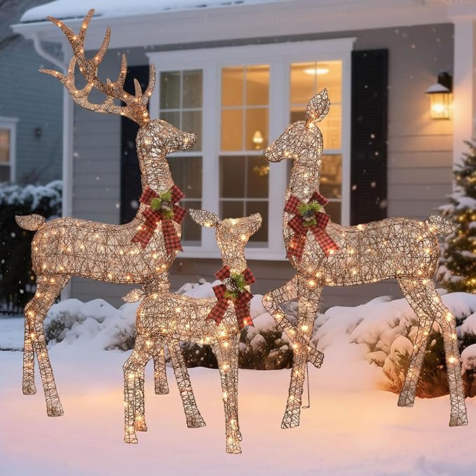HOYECHI 6.5 FT Oversized Christmas Decorations Outdoor Lighted Reindeer β 3-Piece 3D Deer Family Set with 340 Warm White LED Lights for Yard, Lawn, Garden & Porch Holiday Display - Rattan