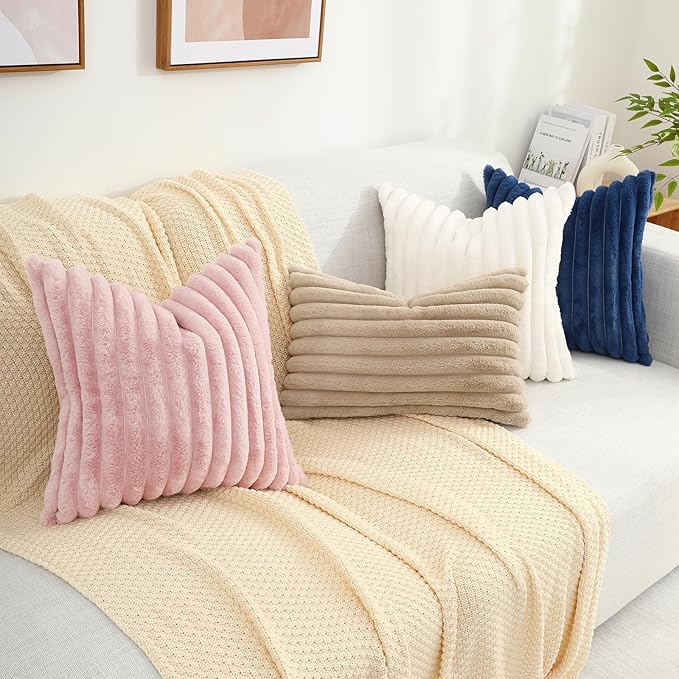 decorUhome Fall Faux Fur Throw Pillow Covers 18x18 Set of 2, Decorative Soft Plush Striped Neutral Couch Euro Pillow Covers with Velvet Back for Sofa, Bed, Living Room Home Decor, Light Khaki Brown