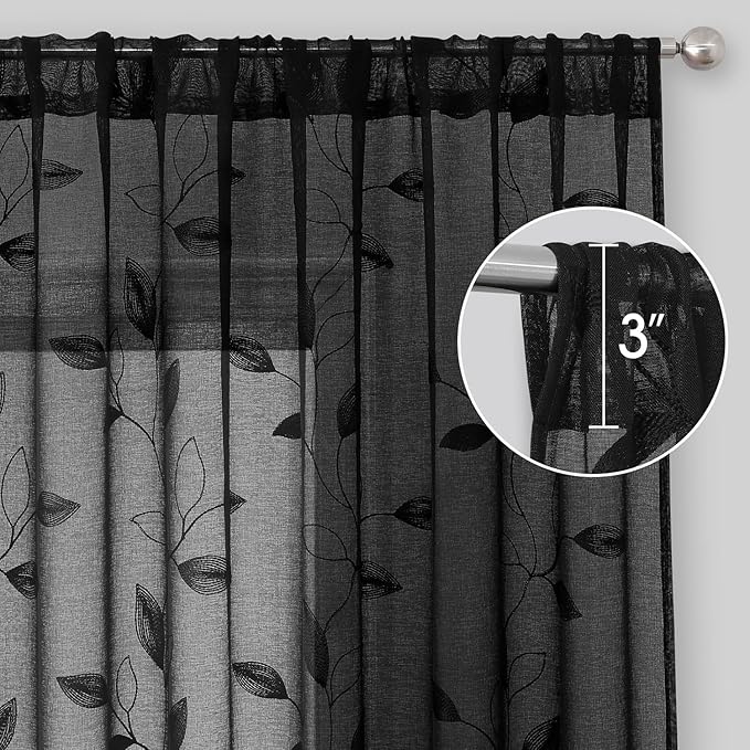 HOMEIDEAS Black Sheer Curtains 52 X 63 Inches Length 2 Panels Black Embroidered Leaf Pattern Gothic Faux Linen Floral Semi Sheer Voile Window Curtains/Drapes for Bedroom Living Room