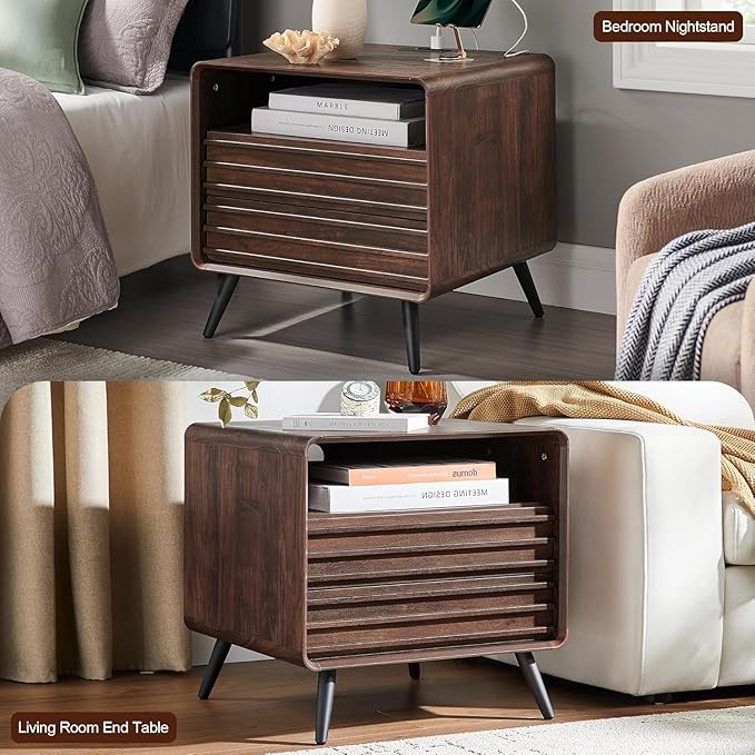 RedLemon 24" Nightstand Set of 2 with Charger Station, Mid Century Modern Fluted End Table with 2 Drawers, Wooden Side Table with Open Cubby Storage for Living Room, Bedroom, Office (Dark Walnut)