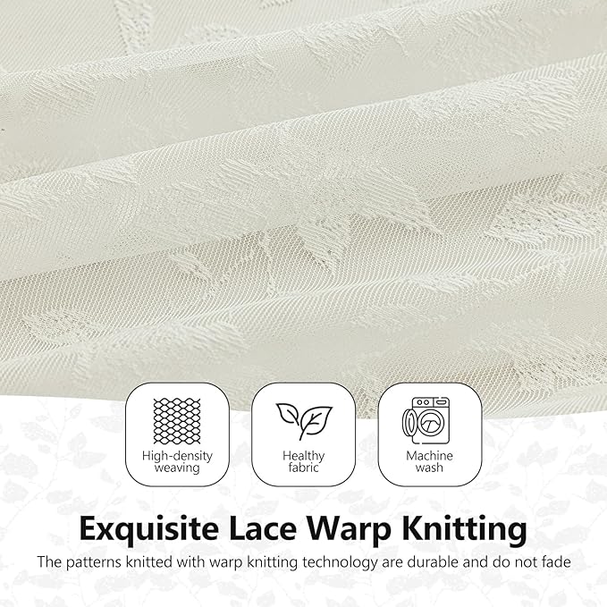 Ivory Lace Semi-Sheer Curtains – Vintage Leaves Pattern Lace for Bedroom/Bathroom, Light Filtering Rod Pocket Drapes, Privacy Chic Window Treatments Scalloped Hem, 52W x 72L Inch, 2-Panel Set