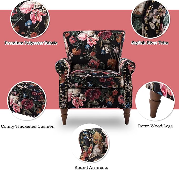 HULALA HOME Modern Wingback Accent Chairs Set of 2 with Wood Legs & Removable Cushion, Comfy Upholstered Armchairs with Nailhead Trim, Floral Pattern Single Sofa Chairs for Living Room Bedroom, Black