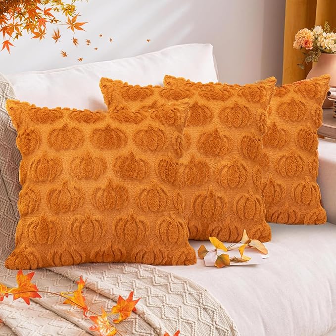 Pumpkin Fall Decorative Throw Pillow Covers 18"x18", Set of 2 Orange Soft Faux Fur Pillow Covers for Autumn Harvest, Fluffy Plush Accent Pillow Cases for Farmhouse Couch Cushion Covers