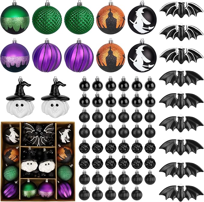 68pcs Halloween Ornaments for Small Tree,Shatterproof Halloween Christmas Tree Decorations Hanging Ball Ornaments Set with Bat and Witch Decor for Party Indoor Home Decor