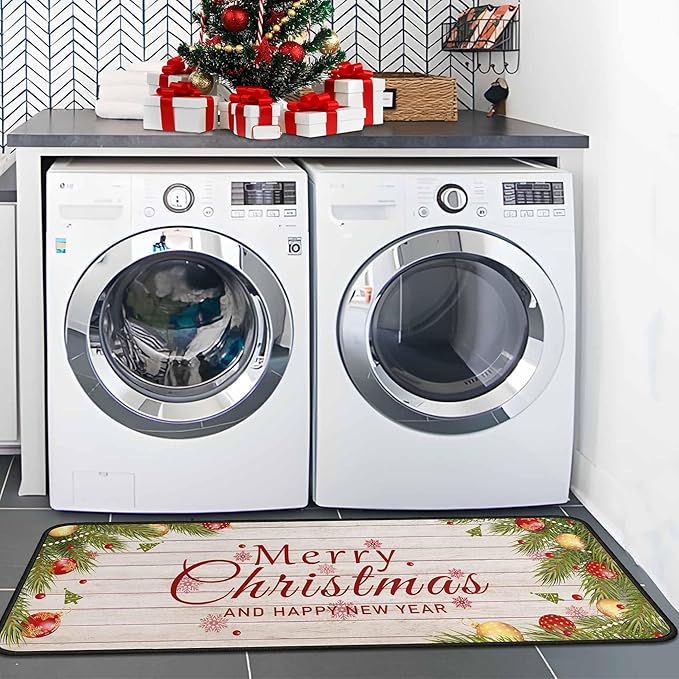 Merry Christmas Kitchen Rugs and Mats Set, Xmas Indoor Floor Mats for Winter, Merry Christmas (17"x47" + 17"x30")