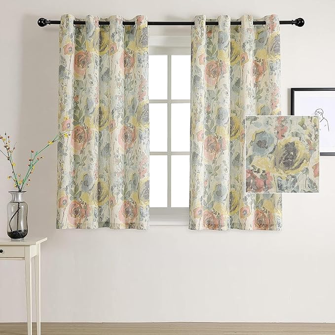 MYSKY HOME Flax Linen Curtains 63 Inches for Bedroom Linen Style Curtain Draperies for Living Room Vintage Floral Printed Pattern Drapes with Grommet, 2 Panel, 52 x 63 Inch, Yellow and Natural