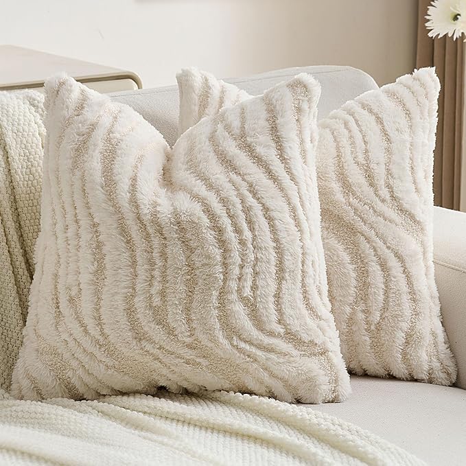FUTEI Cream Decorative Throw Pillow Covers 26x26 Inch Set of 2,Soft Faux Fur Geometric Shapes Texture Euro Pillow Shams,Boho Home Decor for Couch Bed Living Room