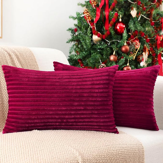 Simmore Decorative Fall Throw Pillow Covers 12x20 Set of 2, Soft Natural Plush Flannel Double-Sided Fluffy Lumbar Pillow Covers for Couch Sofa Living Room, Burgundy