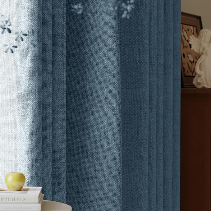 100% Blackout Curtains for Bedroom 90 inch Length 2 Panels Set, Farmhouse Linen Textured Full Light Blocking Room Darkening Thermal Insulated Drapes for Living Room (W52xL90, Dusty Blue)