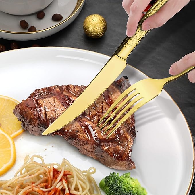Lemeya 20-Piece Hammered Gold Silverware Set for 4 with Serrated Forging Knives,18/10 Stainless Steel Modern Flatware Set,Unique Cutlery Set Spoons and Forks Set,Mirror Polished,Dishwasher Safe