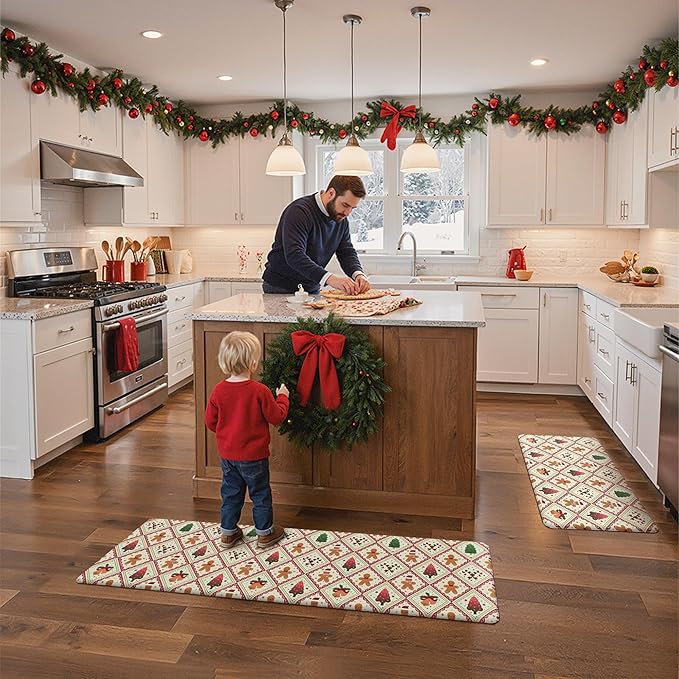 GENIMO Christmas Decorations - Kitchen Mats for Floor, 2PCS Christmas Kitchen Rugs, Cushioned Anti Fatigue Mat for Home Decor, Waterproof Non Slip Standing Mat for Laundry, 17.3"x59"+17.3"x30", Red