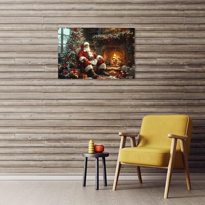Vintage christmas wall art christmas tree gift canvas poster winter room holiday decor santa claus cozy fireplace decoration for living room bedroom Framed30x20inch
