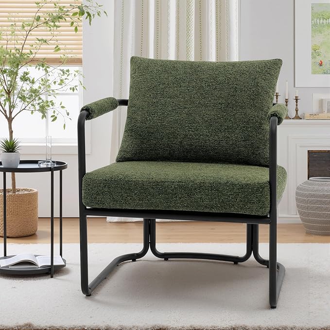 Mid-Century Modern Accent Chair, Comfy Upholstered Lounge Arm Chair with Chenille Fabric for Living Room, Bedroom, Apartment, Reading Corner, Office, Green